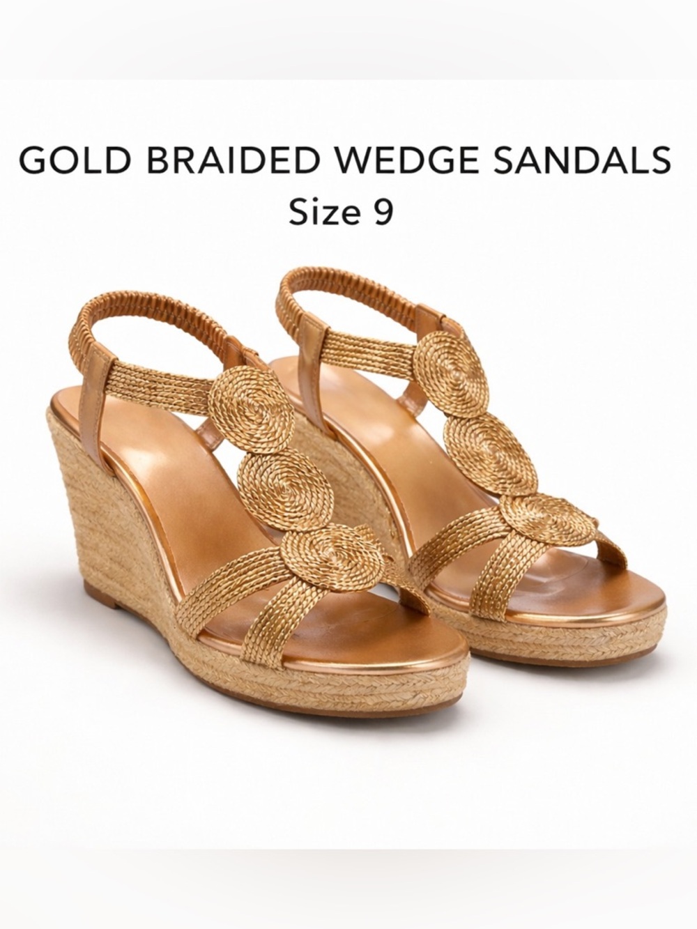 Gold Braided Espadrille Wedge Sandals Size 9 Metallic Platform Slingback - Picture 7 of 7